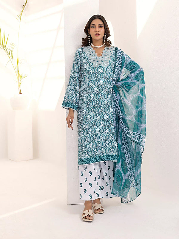 3PC Stitched Printed Lawn Silk Suit (ASI110)