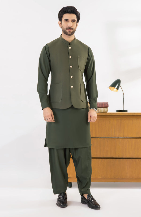 GREEN KAMEEZ SHALWAR WITH WAIST COAT