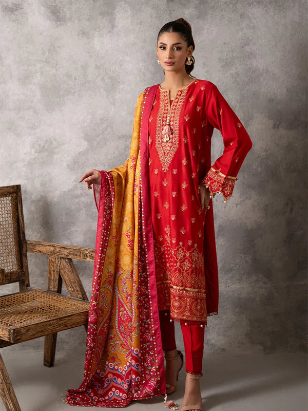 3PC UNSTITCHED EMBROIDERED LUXURY COTTEL SUIT