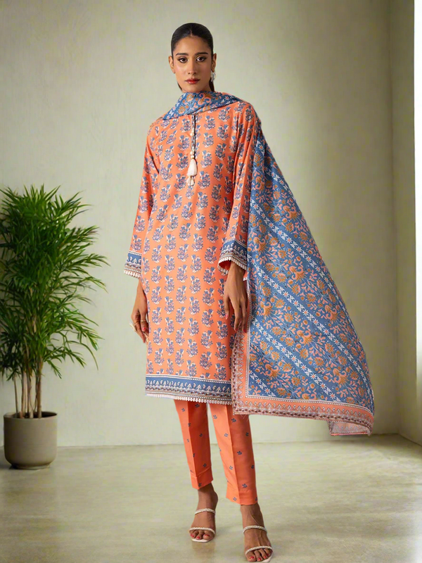 3pc Unstitched - Printed Lawn Silk Suit (ASI031)