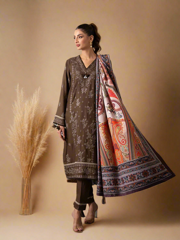 3PC UNSTITCHED EMBROIDERED LUXURY COTTEL SUIT