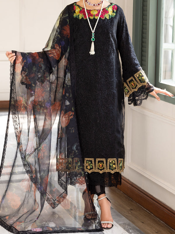 Black Poly-Organza 3Pc Unstitched - ALP-3PS-1783