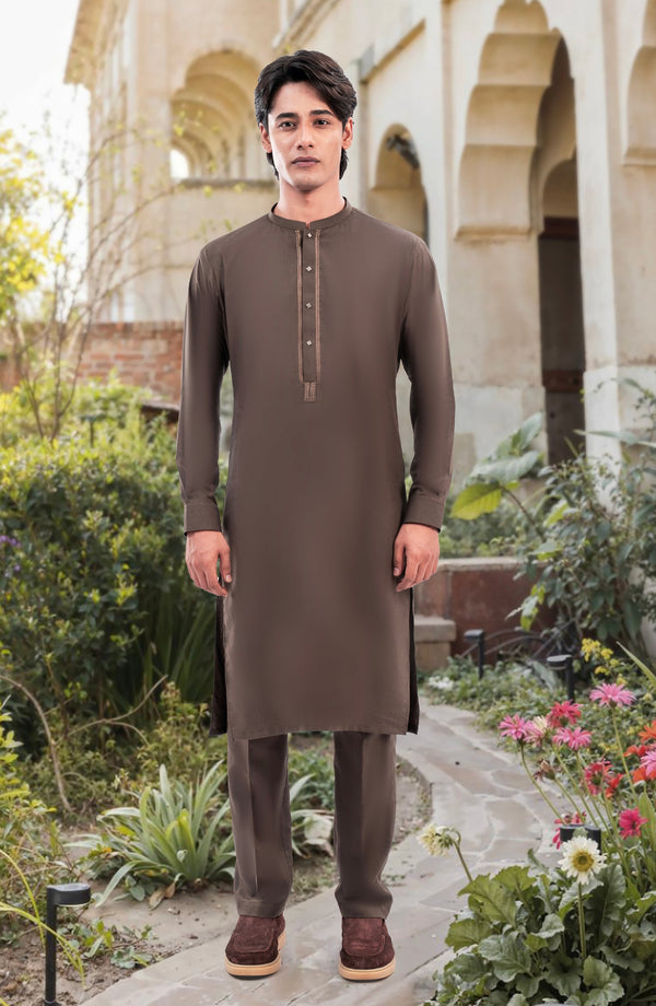 SUMMER'25 EMBROIDERED MEN KURTA PAJAMA OLIVE GREEN