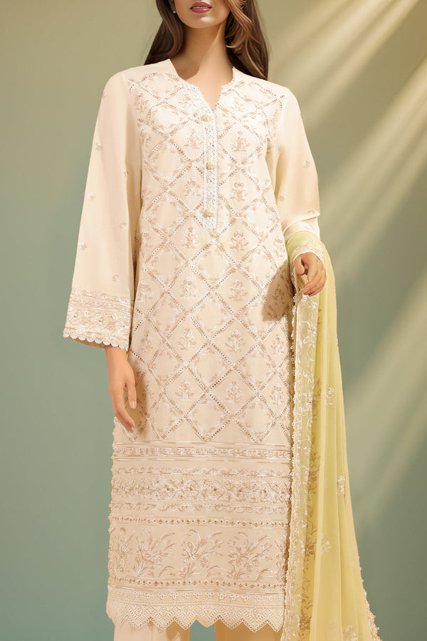 Unstitched Embroidered Cambric 3 Piece With Chiffon Dupatta