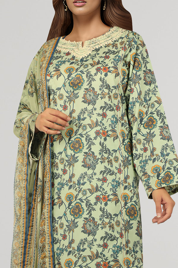 Unstitched Embroidered Lawn 3 Piece With Chiffon Dupatta