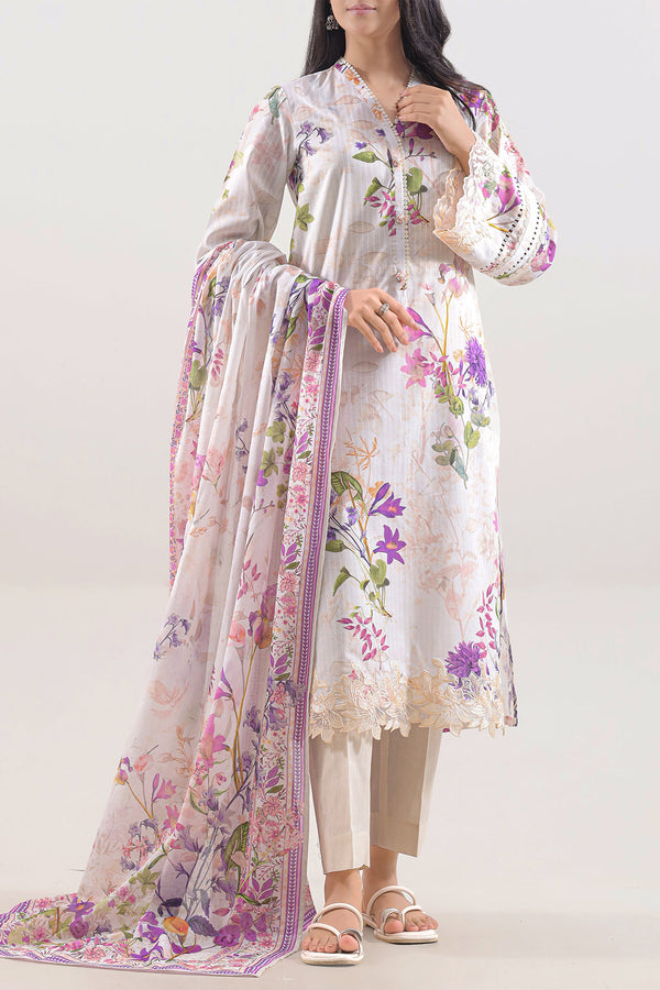 Unstitched Printed Embroidered Strip Lawn 3 Piece