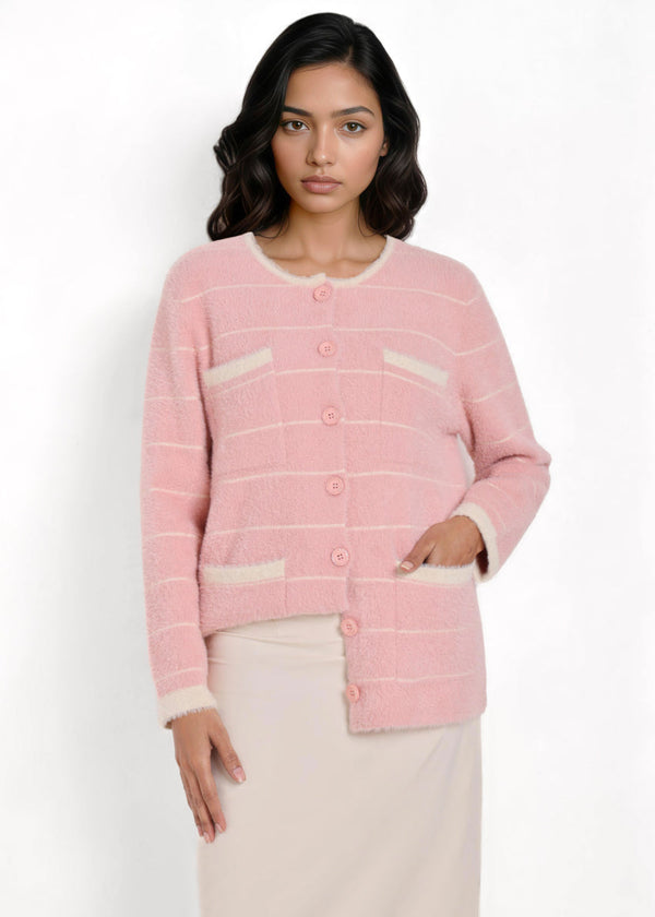 Pink-Round Neck Full Sleeves Cardigan Sweater (25Y-004-67)