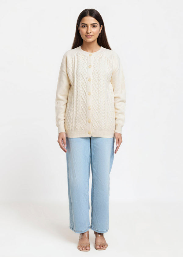 O-White-Round Neck Full Sleeves Cardigan Sweater (25Y-014-67)