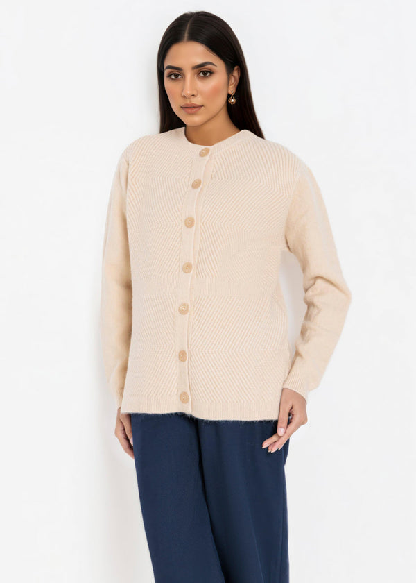 Beige-Round Neck Full Sleeves Cardigan Sweater (25Y-016-67)