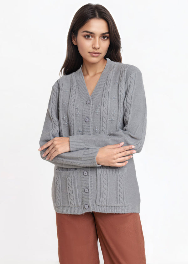 Grey-V-Cardigan Full Sleeves Sweater (25Y-025-67)