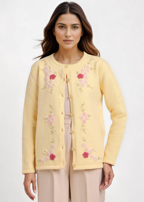 L-Yellow-Round Neck Full Sleeves Cardigan Sweater (25Y-031-67)