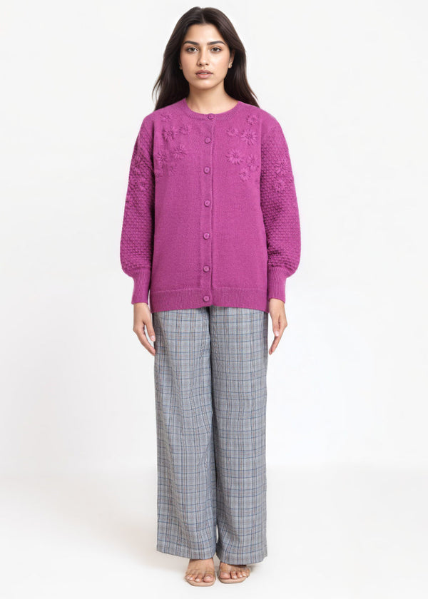 Purple-Round Neck Full Sleeves Cardigan Sweater (25Y-032-67)