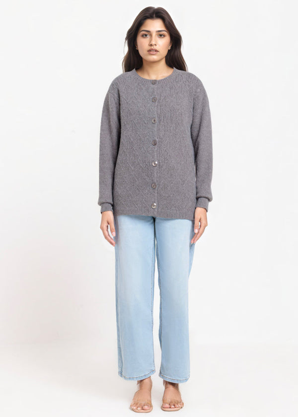 Charcoal-Round Neck Full Sleeves Cardigan Sweater (25Y-055-67)