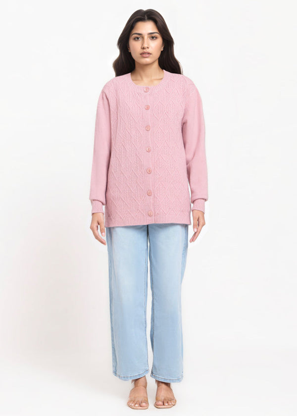Pink-Round Neck Full Sleeves Cardigan Sweater (25Y-055-67)