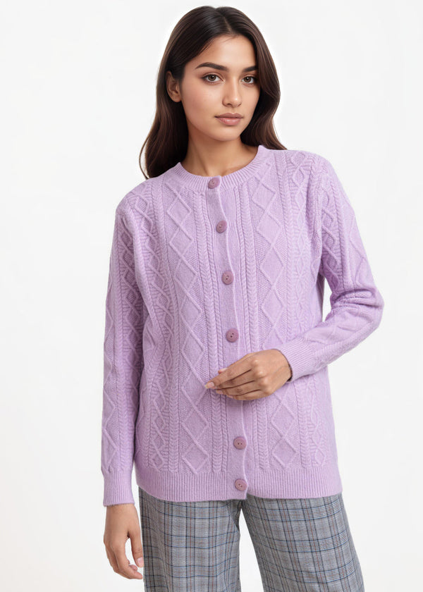 Lavender-Round Neck Full Sleeves Cardigan Sweater (25Y-057-67)