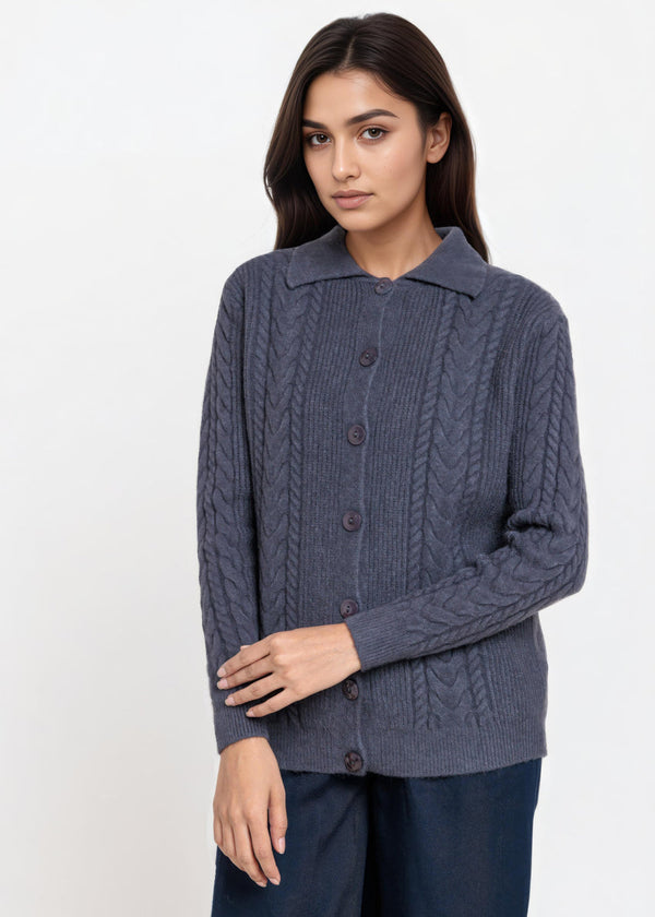 Charcoal-Wing Collar Cardigan Full Sleeves Sweater (25Y-059-67)