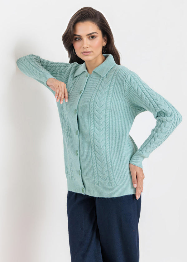 L-Green-Wing Collar Cardigan Full Sleeves Sweater (25Y-059-67)