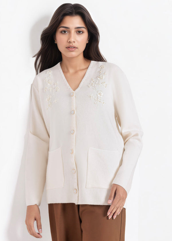 O-White-V-Cardigan Full Sleeves Sweater (25Y-060-67)