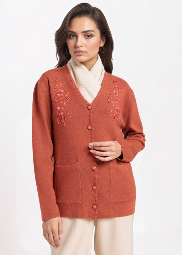 Rust-V-Cardigan Full Sleeves Sweater (25Y-060-67)