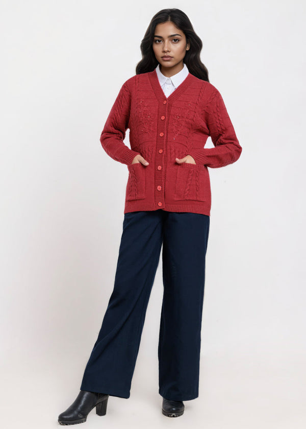 Red-V-Cardigan Full Sleeves Sweater (25Y-062-67)