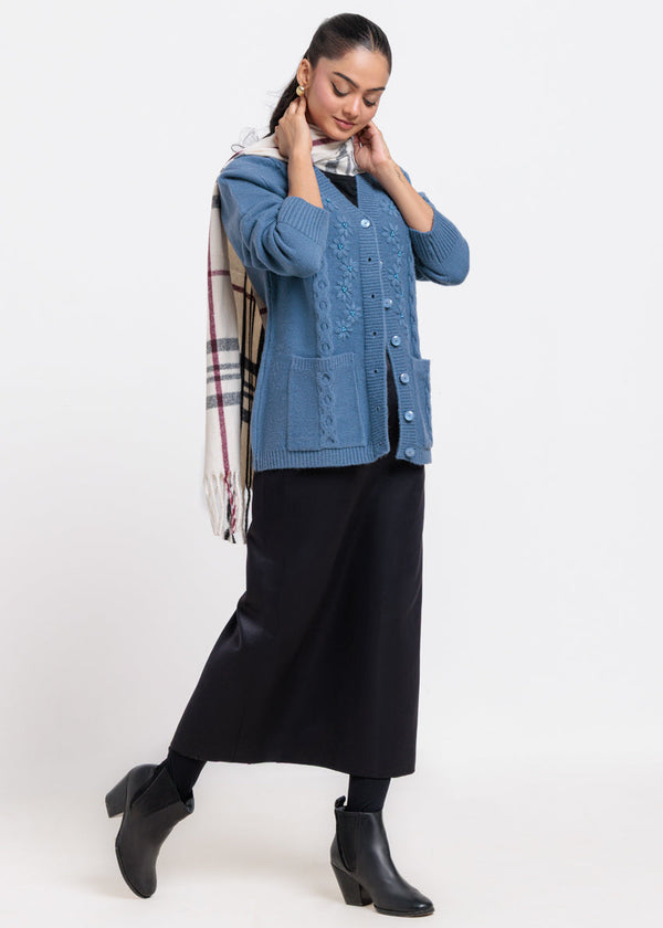 Blue-V-Cardigan Full Sleeves Sweater (25Y-063-67)