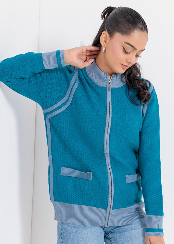 Teal-Turtle Neck Zipper Full Sleeves Sweater (25Y-067-67)