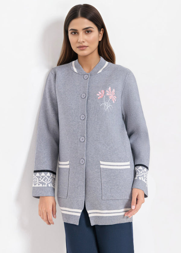 Grey-Baseball Collar Full Sleeves Cardigan Sweater (25Y-072-67)