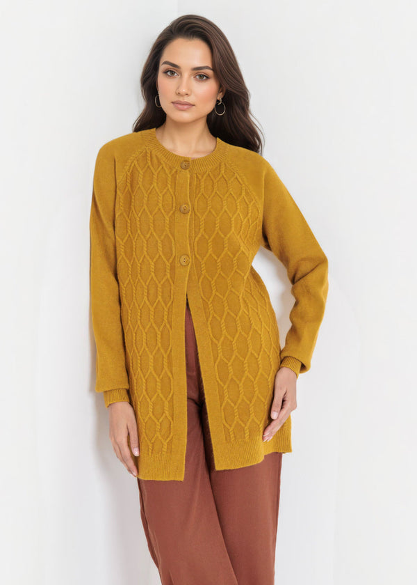 Mustard-Round Neck Full Sleeves Cardigan Sweater (25Y-076-67)
