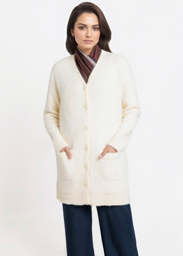 Cream-V-Cardigan Full Sleeves Sweater (25Y-080-67)