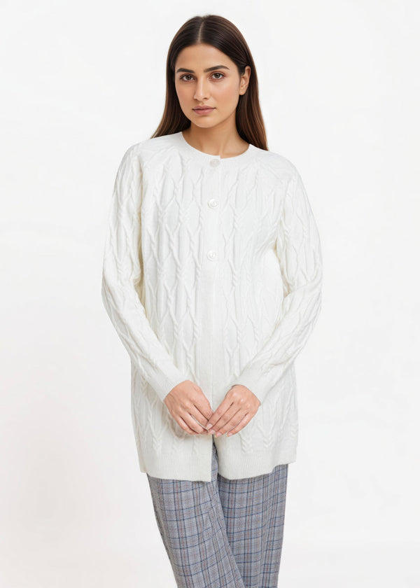 White-Round Neck Full Sleeves Cardigan Sweater (25Y-084-67)