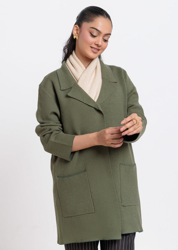 Green-Notched Collar Full Sleeves Cardigan Sweater (25Y-106-67)