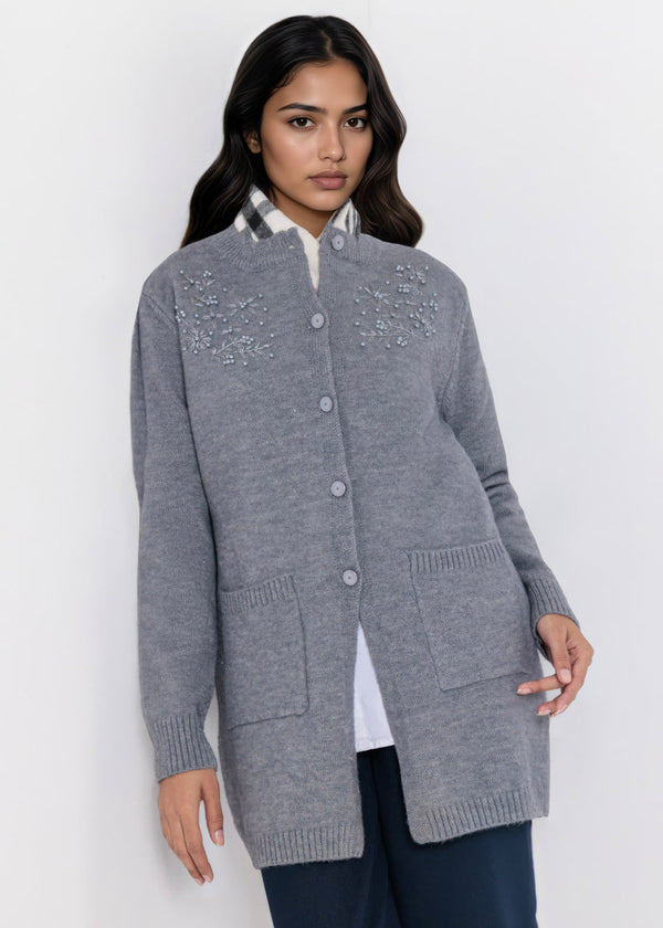 Grey-Round Neck Full Sleeves Cardigan Sweater (25Y-107-67)