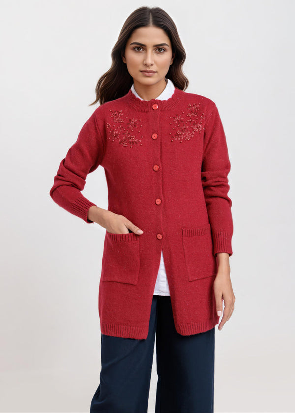 Maroon-Round Neck Full Sleeves Cardigan Sweater (25Y-107-67)