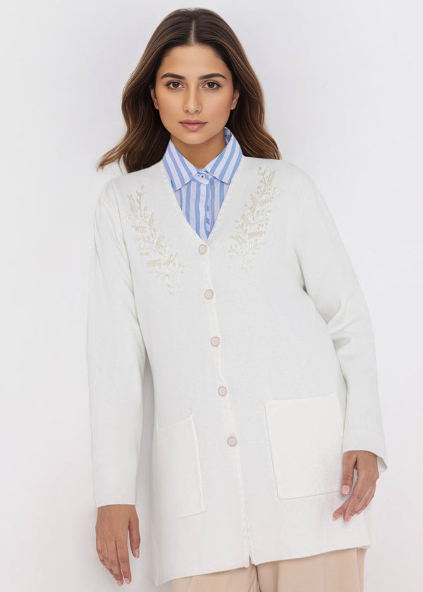 White-V-Cardigan Full Sleeves Sweater (25Y-109-67)