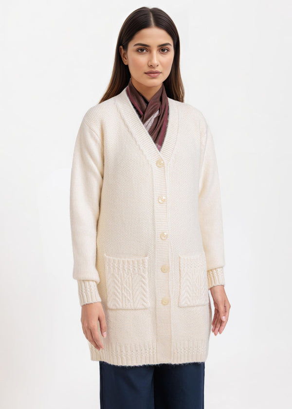 Cream-V-Cardigan Full Sleeves Sweater (25Y-121-67)