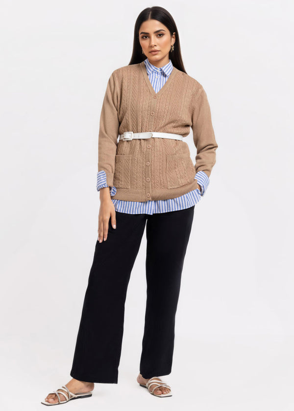 D-Beige-V-Cardigan Full Sleeves Sweater (25Y-205-67)