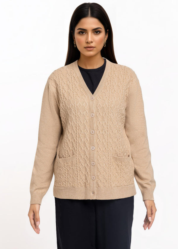 D-Beige-V-Cardigan Full Sleeves Sweater (25Y-209-67)