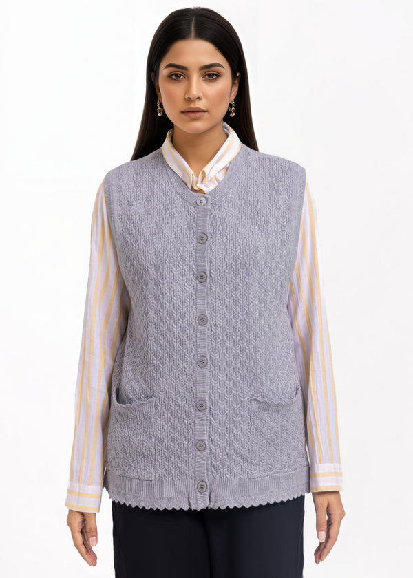 Grey-R-Neck Cardigan Sando Sweater (25Y-222-67)