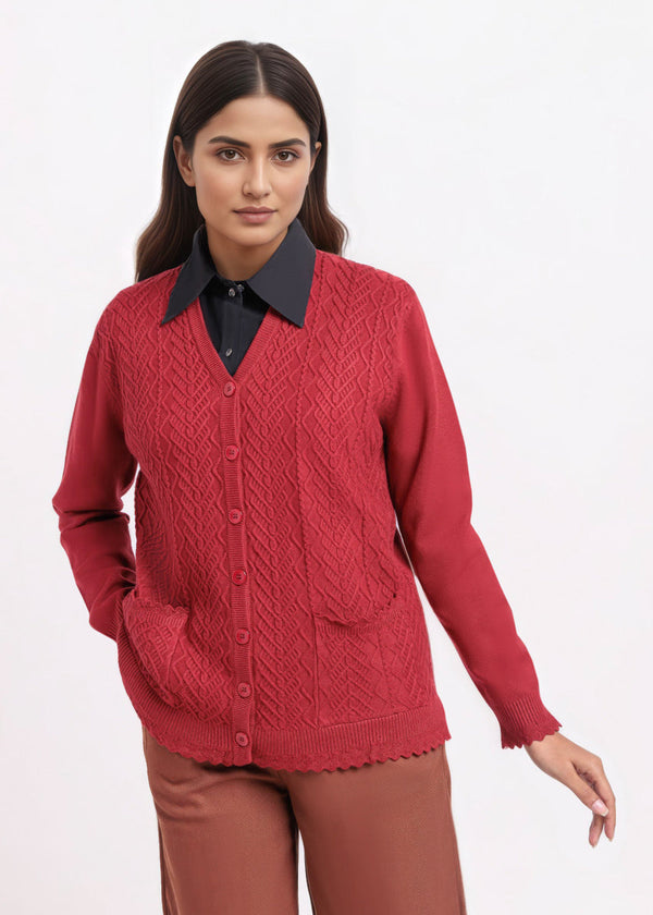 Maroon-V-Cardigan Full Sleeves Sweater (25Y-235-67)