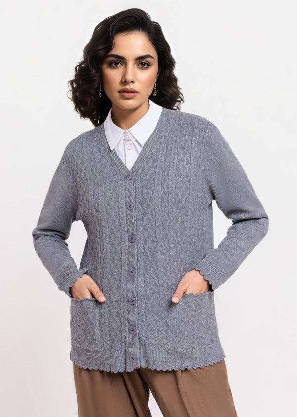 Charcoal-V-Cardigan Full Sleeves Sweater (25Y-237-67)