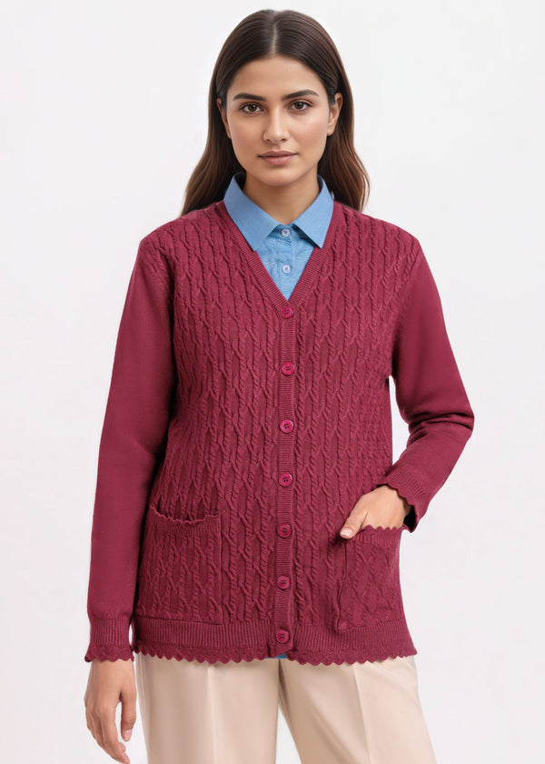 Maroon-V-Cardigan Full Sleeves Sweater (25Y-241-67)