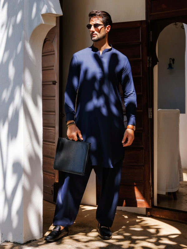 Navy Blue Blended Kameez Shalwar - AL-KS-3177