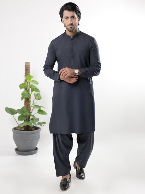 Charcoal Grey Blended Kameez Shalwar - AL-KS-3214