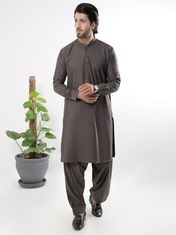 Dark Brown Blended Kameez Shalwar - AL-KS-3225