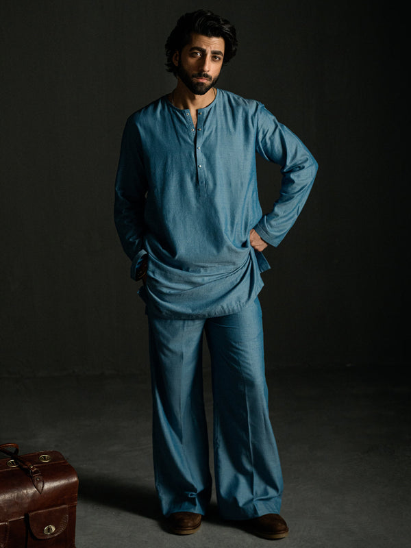 Light Blue Denim Kurta Trousers - AL-KT-3261