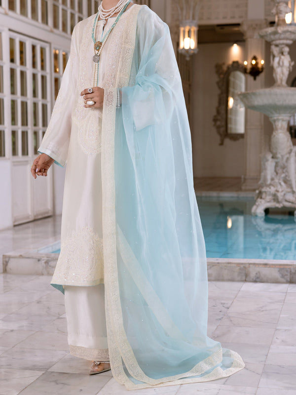 Off White Sheesha Silk Formal 3Pc Stitched - AL-3PS-LS-459