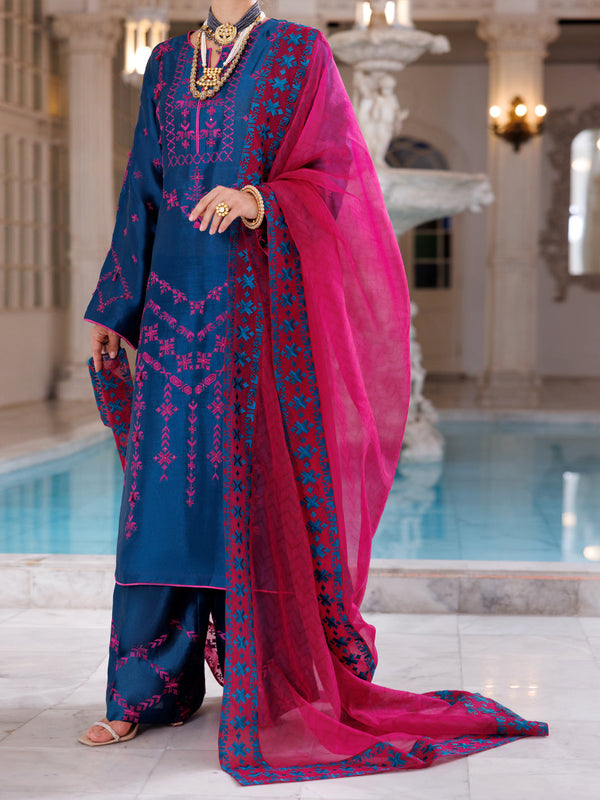 Teal Sheesha Silk Formal 3Pc Stitched - AL-3PS-LS-463