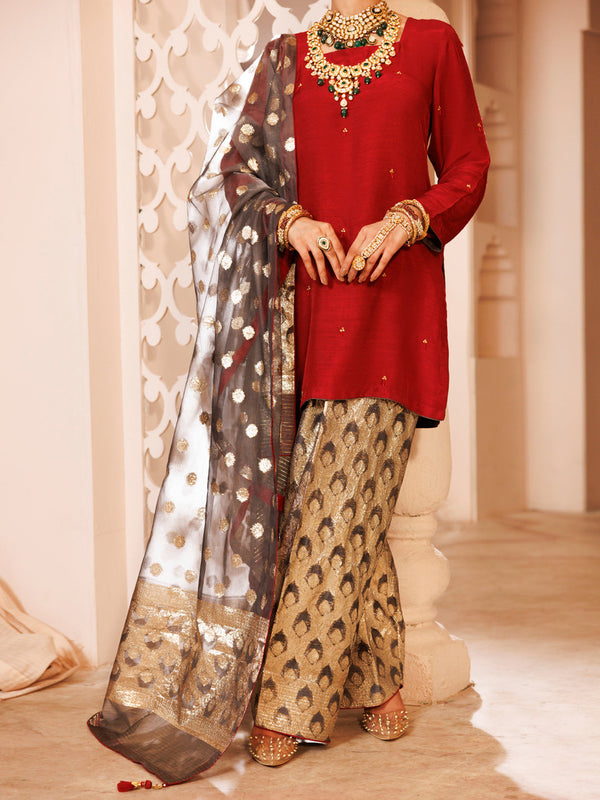 Maroon Silk Formal 3Pc Stitched - AL-3PS-LS-484