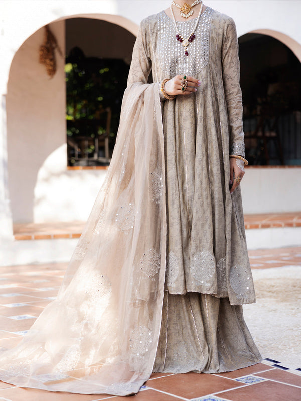 Grey Mesuri Net Formal 3Pc Stitched - AL-3PS-LS-489