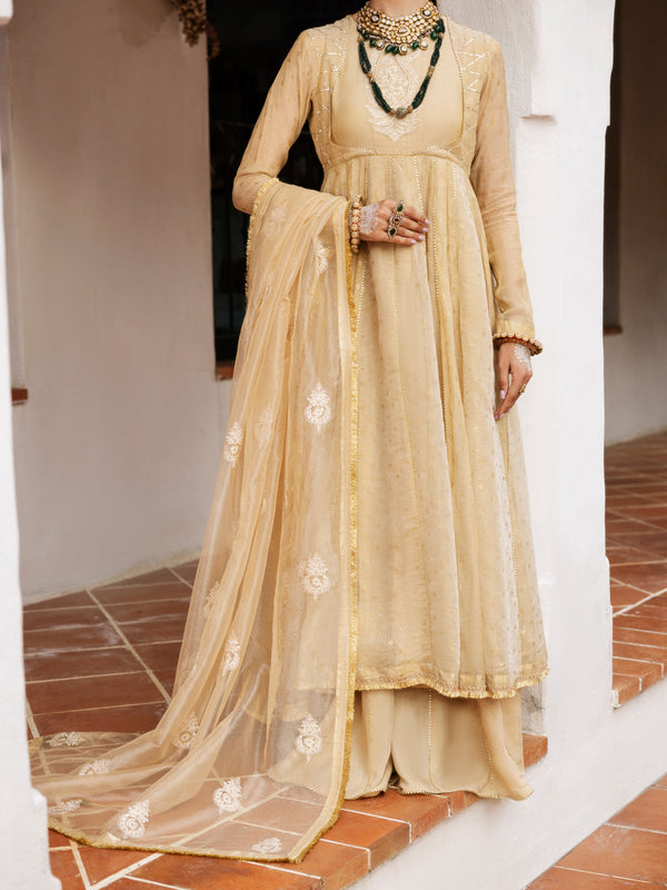 Gold Mesuri Net Formal 3Pc Stitched - AL-3PS-LS-491